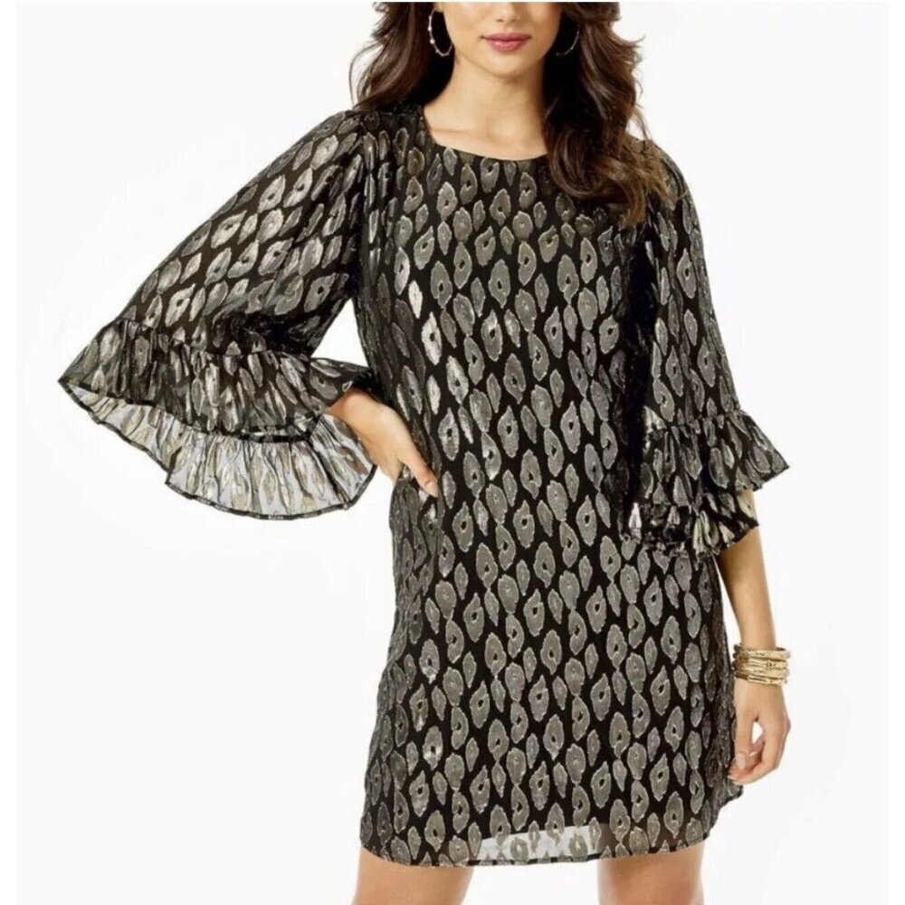 Lilly Pulitzer Francis Silk Dress In Onyx Leopard Metallic Black Size L New $248